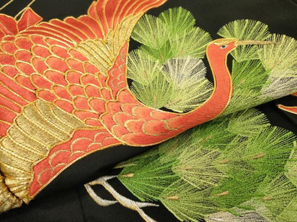 平和屋着物▼豪華黒留袖 駒刺繍 総刺繍 飛鶴松文 金銀糸 正絹 逸品 DABD5304fe