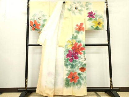 平和屋着物▼訪問着 手描き 刺繍 草花 暈し染 正絹 逸品 DABD5307fe