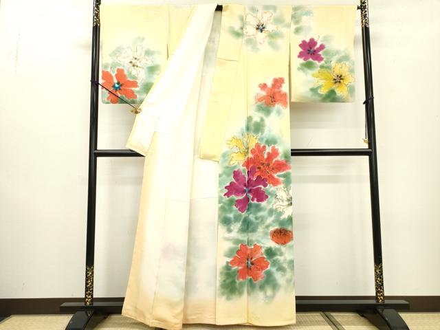 平和屋着物▼訪問着 手描き 刺繍 草花 暈し染 正絹 逸品 DABD5307fe