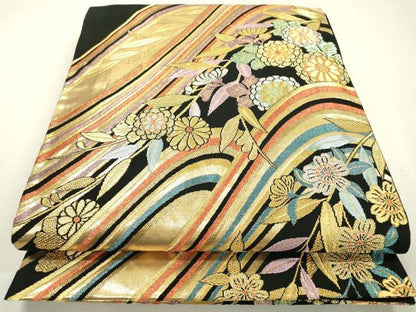 平和屋着物▼六通柄袋帯 流水花文 黒地 金銀糸 正絹 逸品 DABD5347fe