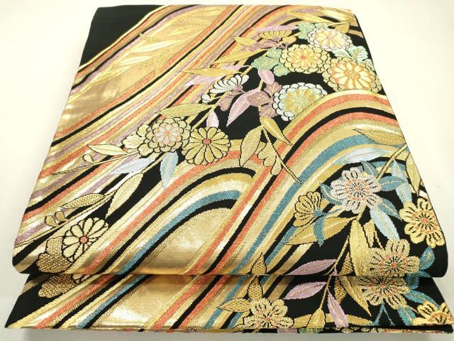 平和屋着物▼六通柄袋帯 流水花文 黒地 金銀糸 正絹 逸品 DABD5347fe
