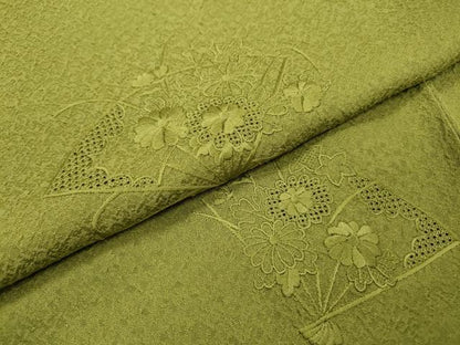 平和屋着物▼中国三大刺繍　スワトウ刺繍　汕頭刺繍　総刺繍　訪問着　扇面花文　青丹色　正絹　逸品　DABD5432fe