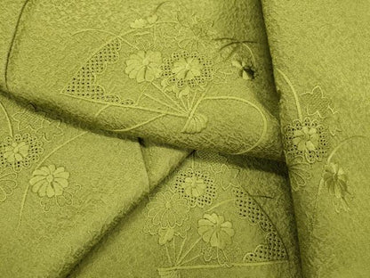 平和屋着物▼中国三大刺繍　スワトウ刺繍　汕頭刺繍　総刺繍　訪問着　扇面花文　青丹色　正絹　逸品　DABD5432fe