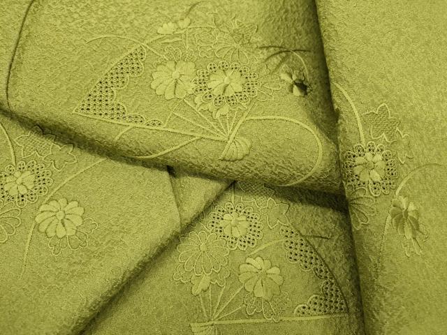 平和屋着物▼中国三大刺繍　スワトウ刺繍　汕頭刺繍　総刺繍　訪問着　扇面花文　青丹色　正絹　逸品　DABD5432fe