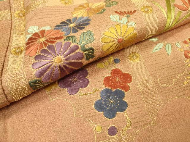 平和屋着物▼訪問着　刺繍　草花　金彩　正絹　逸品　DABD5440fe