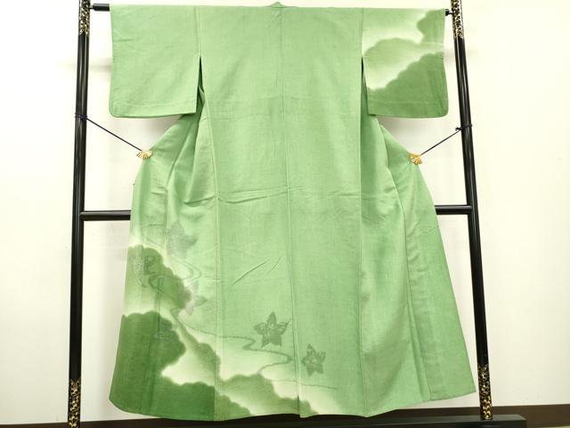 平和屋着物▽訪問着　単衣　紬地　刺繍　流水花文　正絹　逸品　DABD5465fe