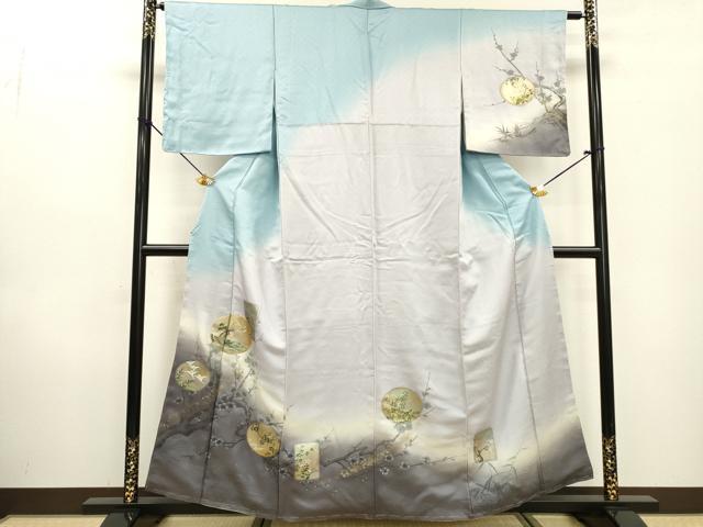 平和屋着物▼訪問着　駒刺繍　手描き　枝花色紙風景松文　暈し染　金銀彩　正絹　逸品　DABD5524fe