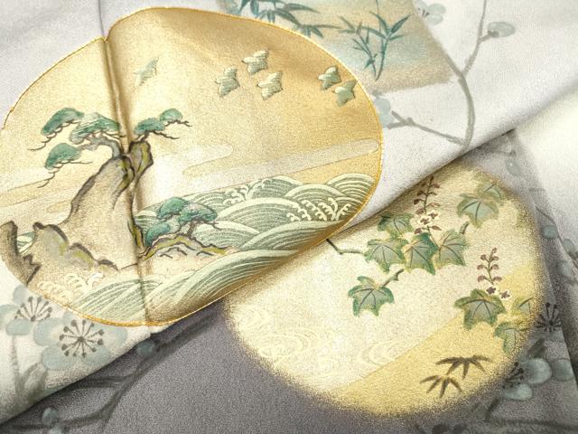 平和屋着物▼訪問着　駒刺繍　手描き　枝花色紙風景松文　暈し染　金銀彩　正絹　逸品　DABD5524fe