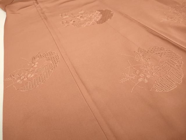 平和屋着物▼中国三大刺繍　スワトウ刺繍　汕頭刺繍　総刺繍　無地絵羽訪問着　雪輪花文　遠州茶色　正絹　逸品　DABD5538fe
