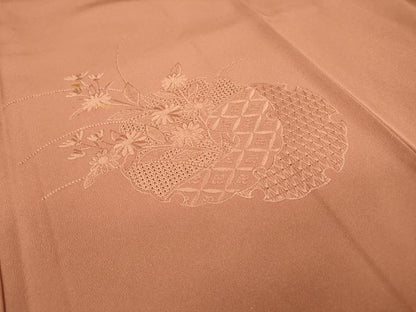 平和屋着物▼中国三大刺繍　スワトウ刺繍　汕頭刺繍　総刺繍　無地絵羽訪問着　雪輪花文　遠州茶色　正絹　逸品　DABD5538fe