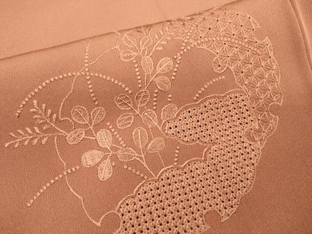 平和屋着物▼中国三大刺繍　スワトウ刺繍　汕頭刺繍　総刺繍　無地絵羽訪問着　雪輪花文　遠州茶色　正絹　逸品　DABD5538fe