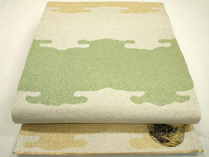 平和屋着物▼西陣　あずみの織物謹製　六通柄袋帯　霞文　ワンポイント　荒磯　金銀糸　正絹　逸品　DABD5547fe