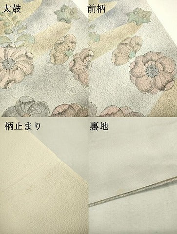 平和屋着物▼六通柄袋帯　綾きぬ　辻が花　銀通し地　正絹　逸品　DABD5550fe