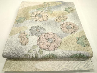 平和屋着物▼六通柄袋帯　綾きぬ　辻が花　銀通し地　正絹　逸品　DABD5550fe
