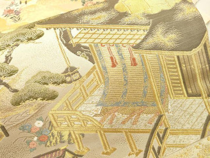 平和屋着物▼六通柄袋帯　唐織　粋美錦　風景花鳥文　金糸　正絹　逸品　DABD5552fe