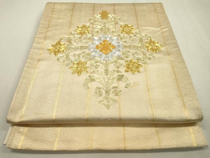 平和屋着物▼太鼓柄袋帯　駒刺繍　総刺繍　花菱文　金銀糸　正絹　逸品　DABD5594fe