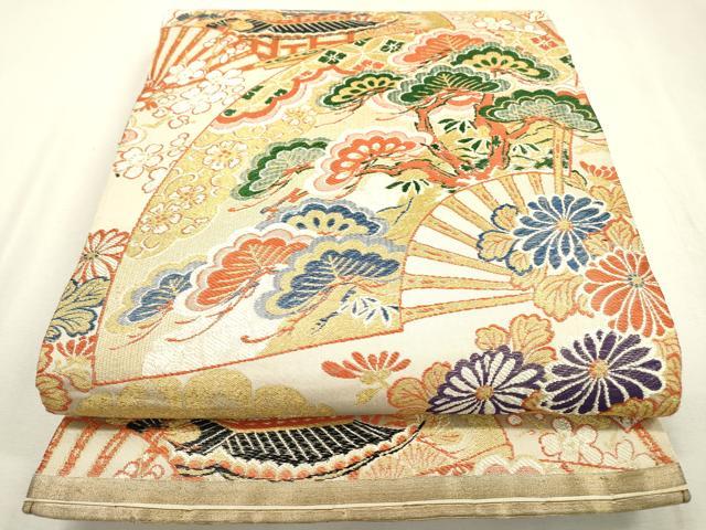 平和屋着物◎アンティーク　大正ロマン　丸帯　扇面風景花松文　金糸　正絹　逸品　DABD5613fe