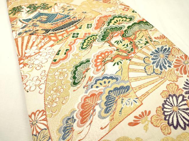 平和屋着物◎アンティーク　大正ロマン　丸帯　扇面風景花松文　金糸　正絹　逸品　DABD5613fe
