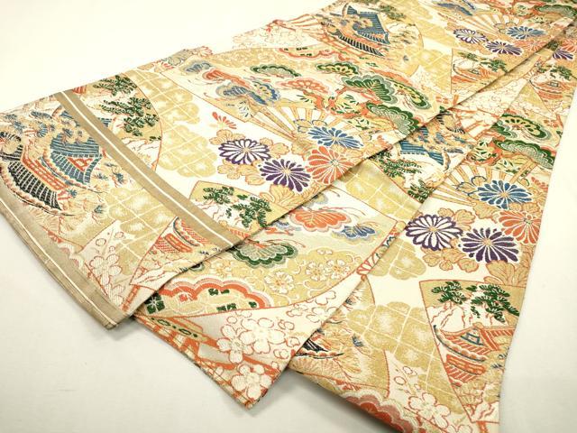 平和屋着物◎アンティーク　大正ロマン　丸帯　扇面風景花松文　金糸　正絹　逸品　DABD5613fe