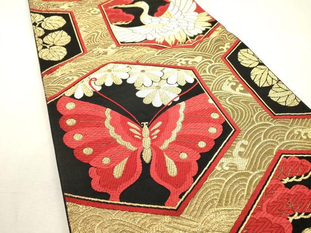 平和屋着物◎六通柄袋帯　唐織　亀甲舞蝶飛鶴花文　黒地　金糸　正絹　逸品　DABD5624fe