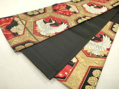 平和屋着物◎六通柄袋帯　唐織　亀甲舞蝶飛鶴花文　黒地　金糸　正絹　逸品　DABD5624fe