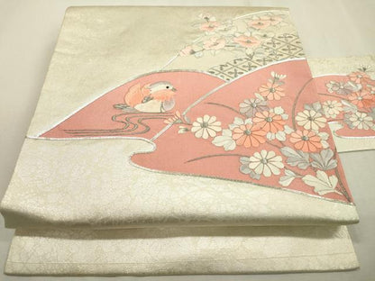 平和屋着物◎九寸名古屋帯　駒刺繍　総刺繍　鴛鴦花文　銀糸　正絹　逸品　DABD5631fe