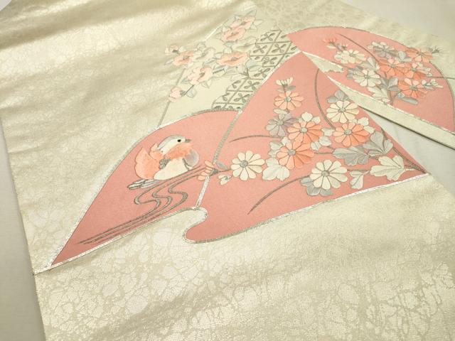 平和屋着物◎九寸名古屋帯　駒刺繍　総刺繍　鴛鴦花文　銀糸　正絹　逸品　DABD5631fe