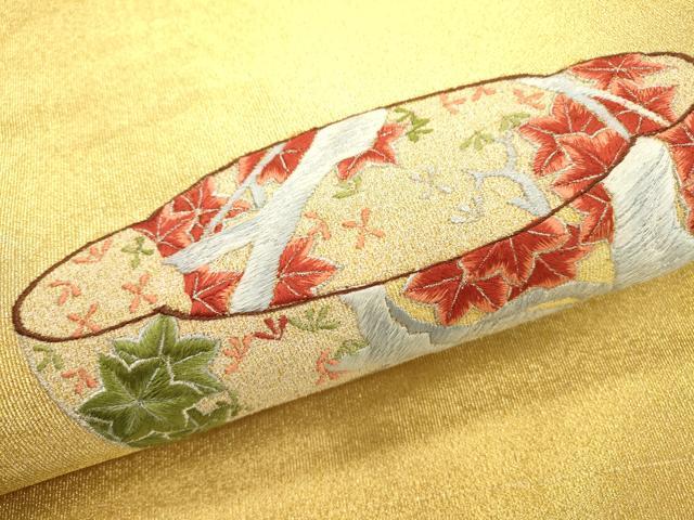 平和屋着物▼綴れ　九寸開き名古屋帯　総刺繍　陶器花文　正絹　逸品　DABD5657fe