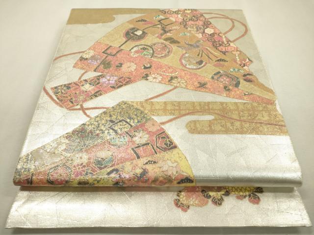 平和屋着物▼太鼓柄袋帯 作家物 手織 檜扇宝尽くし亀甲花文 金銀彩 ラデン貼絵箔 正絹 逸品 DABD5661fe