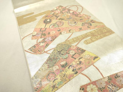 平和屋着物▼太鼓柄袋帯　作家物　手織　檜扇宝尽くし亀甲花文　金銀彩　ラデン貼絵箔　正絹　逸品　DABD5661fe