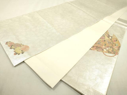 平和屋着物▼太鼓柄袋帯 作家物 手織 檜扇宝尽くし亀甲花文 金銀彩 ラデン貼絵箔 正絹 逸品 DABD5661fe