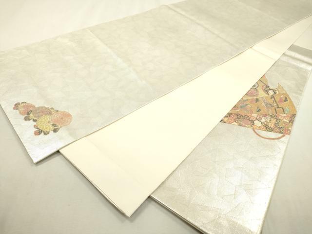 平和屋着物▼太鼓柄袋帯 作家物 手織 檜扇宝尽くし亀甲花文 金銀彩 ラデン貼絵箔 正絹 逸品 DABD5661fe