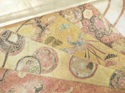 平和屋着物▼太鼓柄袋帯 作家物 手織 檜扇宝尽くし亀甲花文 金銀彩 ラデン貼絵箔 正絹 逸品 DABD5661fe