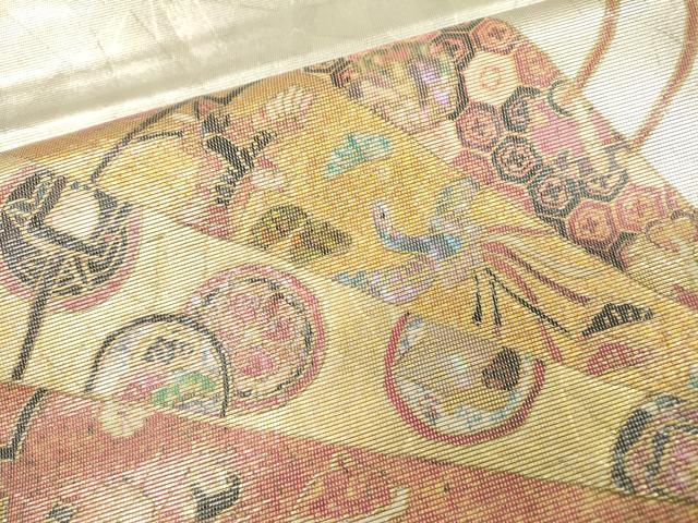 平和屋着物▼太鼓柄袋帯 作家物 手織 檜扇宝尽くし亀甲花文 金銀彩 ラデン貼絵箔 正絹 逸品 DABD5661fe