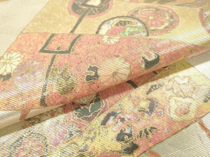 平和屋着物▼太鼓柄袋帯 作家物 手織 檜扇宝尽くし亀甲花文 金銀彩 ラデン貼絵箔 正絹 逸品 DABD5661fe