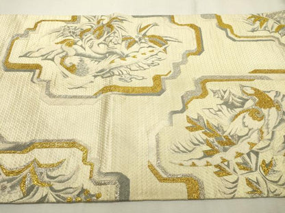 平和屋着物▼両面 太鼓柄袋帯 総刺繍 花鳥文 金銀糸 正絹 逸品 DABD5662fe