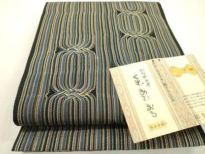 平和屋着物●西陣　ひなや工房　くむ・あむ・おる　伊豆蔵明彦　唐組　全通柄袋帯 変わり縞 金糸 証紙付き　逸品　未使用　DABD5674fe