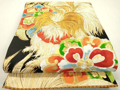 平和屋着物●六通柄袋帯　唐織　正倉院動物花文　狆　黒地　金銀糸　正絹　逸品　DABD5800fe