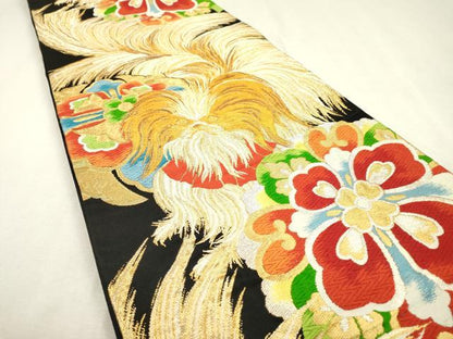 平和屋着物●六通柄袋帯　唐織　正倉院動物花文　狆　黒地　金銀糸　正絹　逸品　DABD5800fe