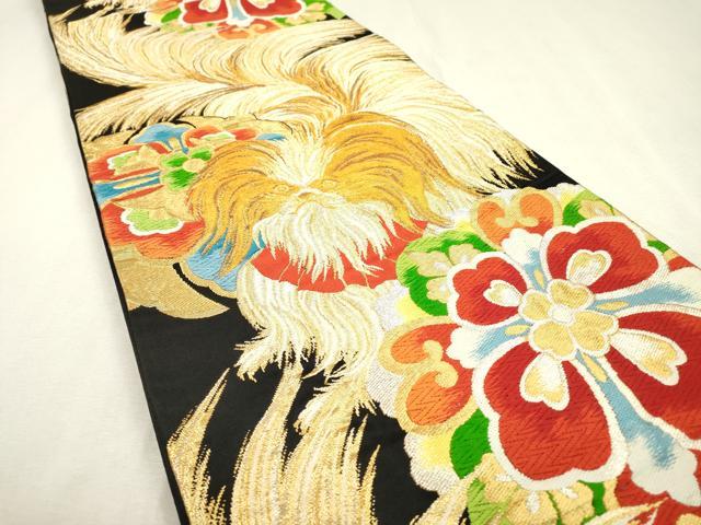 平和屋着物●六通柄袋帯　唐織　正倉院動物花文　狆　黒地　金銀糸　正絹　逸品　DABD5800fe