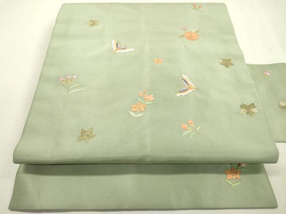 平和屋着物●九寸名古屋帯　総刺繍　舞蝶花文　金糸　正絹　逸品　DABD5819fe