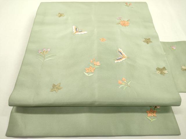 平和屋着物●九寸名古屋帯　総刺繍　舞蝶花文　金糸　正絹　逸品　DABD5819fe