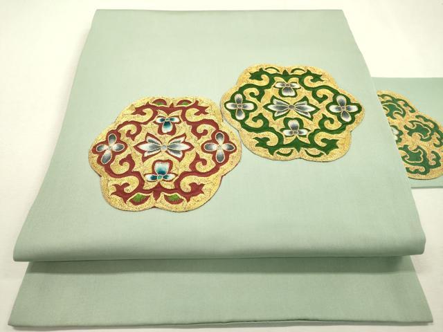 平和屋着物●塩瀬　九寸名古屋帯　駒刺繍　総刺繍　正倉院花唐草文　金糸　正絹　逸品　DABD5821fe