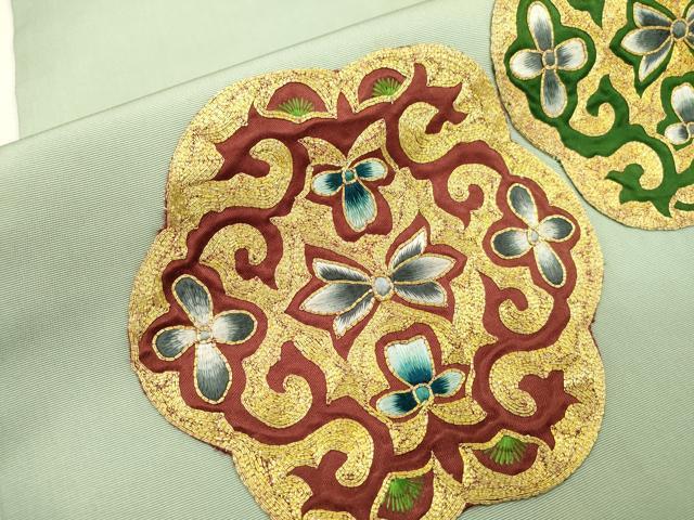 平和屋着物●塩瀬　九寸名古屋帯　駒刺繍　総刺繍　正倉院花唐草文　金糸　正絹　逸品　DABD5821fe