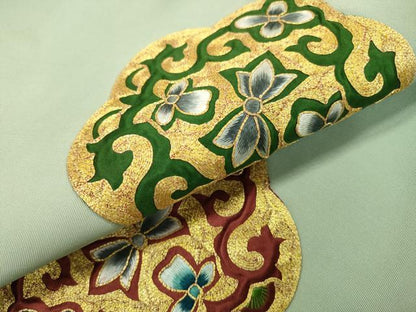 平和屋着物●塩瀬　九寸名古屋帯　駒刺繍　総刺繍　正倉院花唐草文　金糸　正絹　逸品　DABD5821fe