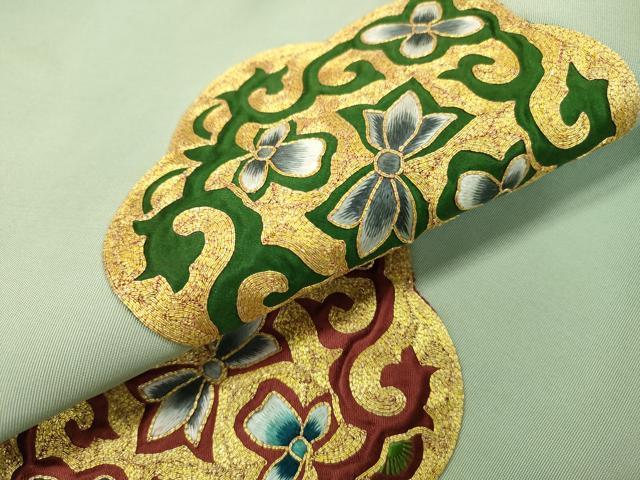 平和屋着物●塩瀬　九寸名古屋帯　駒刺繍　総刺繍　正倉院花唐草文　金糸　正絹　逸品　DABD5821fe