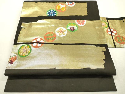 平和屋着物●西陣　川島織物　九寸名古屋帯　花丸文　黒地　金糸　正絹　逸品　DABD5830fe