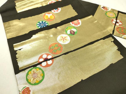 平和屋着物●西陣　川島織物　九寸名古屋帯　花丸文　黒地　金糸　正絹　逸品　DABD5830fe