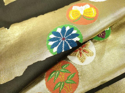 平和屋着物●西陣　川島織物　九寸名古屋帯　花丸文　黒地　金糸　正絹　逸品　DABD5830fe