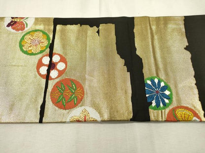 平和屋着物●西陣　川島織物　九寸名古屋帯　花丸文　黒地　金糸　正絹　逸品　DABD5830fe